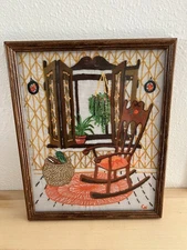 Vogart Crafts Rocking Chair w/ Plants Crewel Embroidery Wall Art Kit -Completed