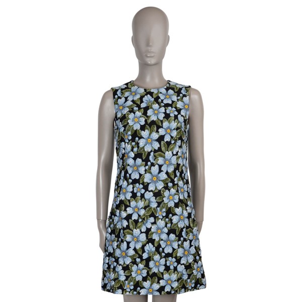 73617 Auth DOLCE & GABBANA blau schwarz grün 2019 FLORAL JACQUARD Kleid 42 M