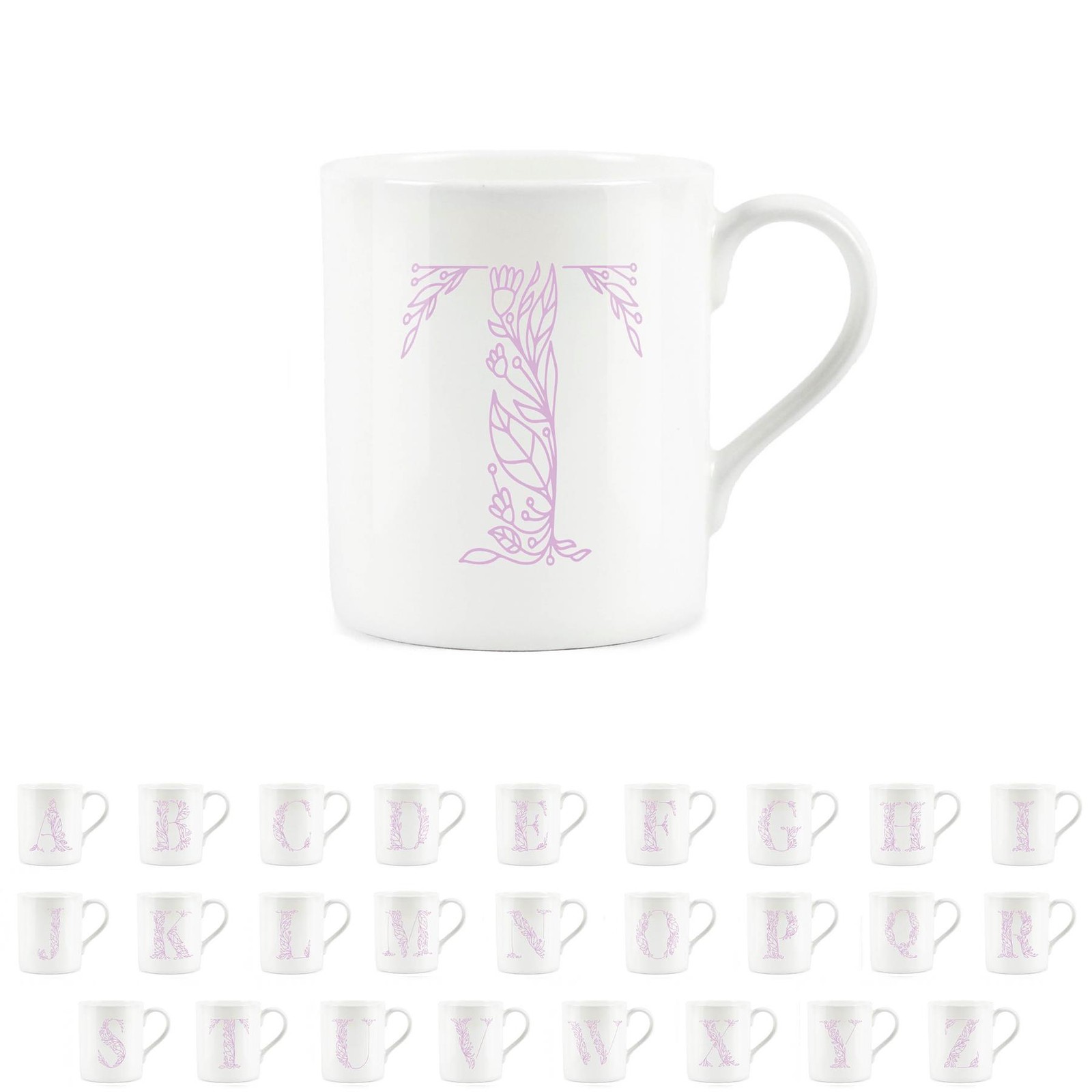 Bone China Letter Mug - Pink Floral Alphabet Mug Tea/Coffee Gift - Letter T Mug