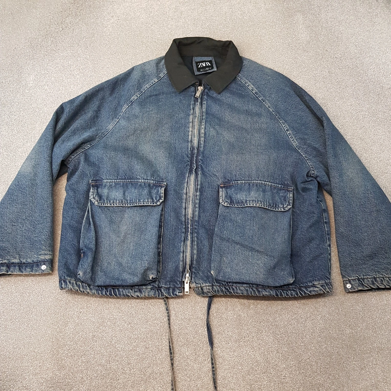Zara Mens Jacket Large Blue Denim Chore Utility Biker Field Cafe Oversize Loose
