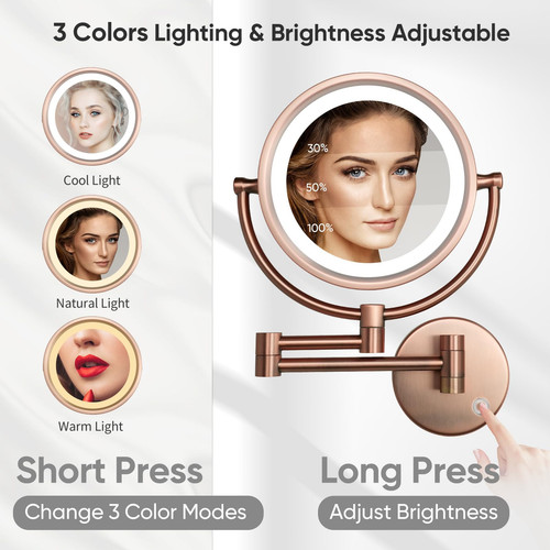 Specchio Trucco Cablato da Parete con Luci LED Dimmerabili 3 Toni 10x Mag... - Foto 2 di 6