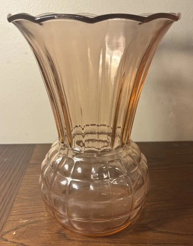 VTG Anchor Hocking Pink Depression Glass Vase 9" Ruffled Pineapple