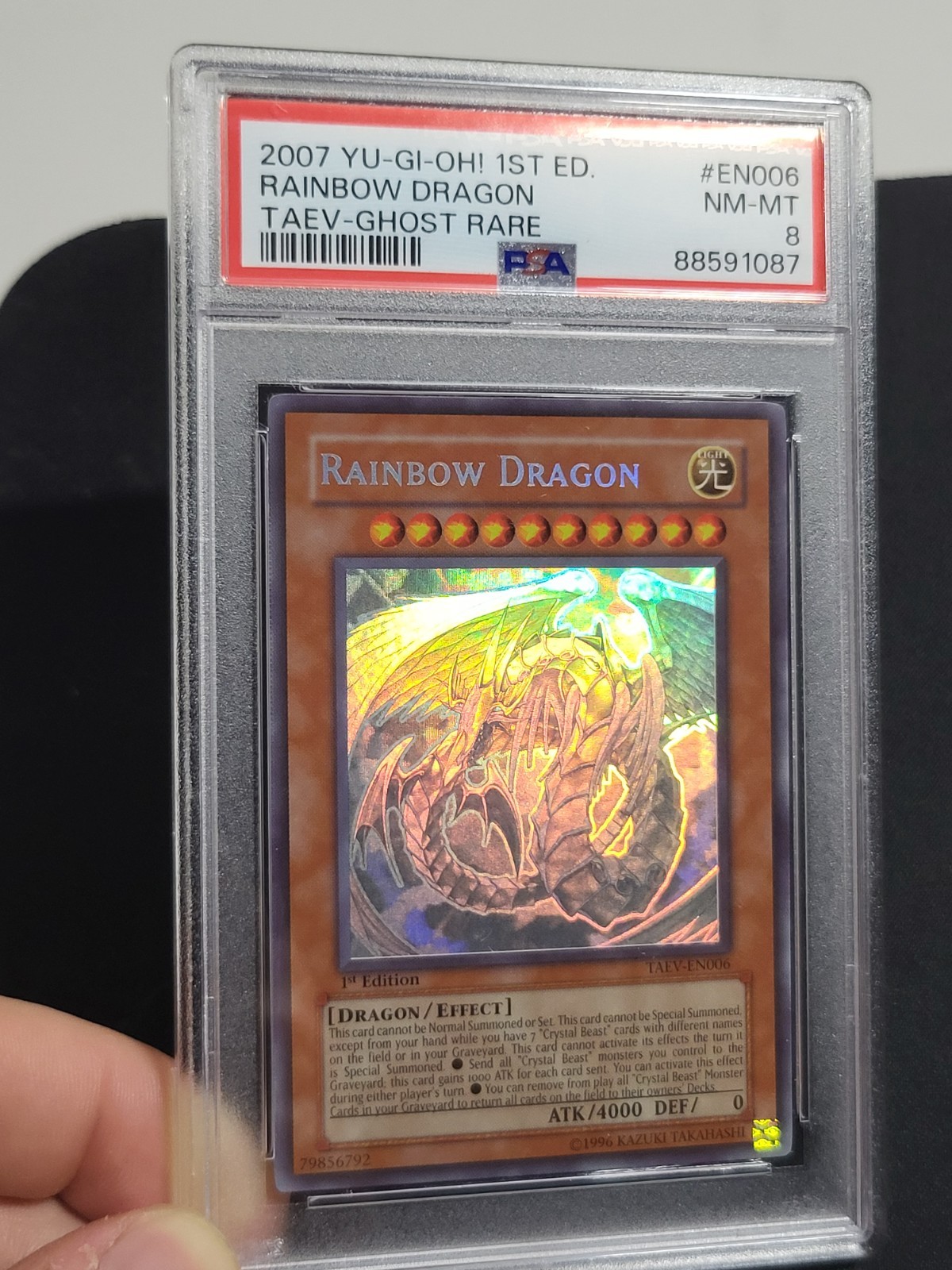 Yugioh 2007 Rainbow Dragon TAEV-EN006 1st Edition Ghost Rare PSA 8 (Clean Foil) view 10