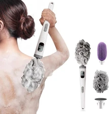 Electric Body Brush with Long Handle, Waterproof Rechargeable with 3 Brush Heads