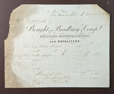 1844 Bradbury & Comp. Mustard Manufacturers Moor Lane Fore Street London Rechnung