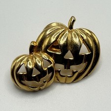 Vintage Gold Tone Double Headed Halloween Pumpkin / Jack O' Lantern Brooch Pin