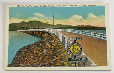 Vintage Linen Postcard ~ Wooden Bridge Lake Pend D'Oreille ~ Sandpoint Idaho ID