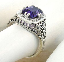 ART DECO STYLE 925 STERLING SILVER FILIGREE LAB-CREATED AMETHYST RING    713