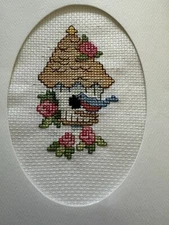 COMPLETED FINISHED CROSS STITCH CARD “CUTE BIRD HOUSE”