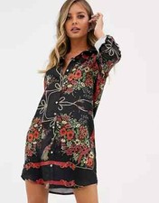Parisian Button Up Shirt Dress in Black Floral Print UK 10