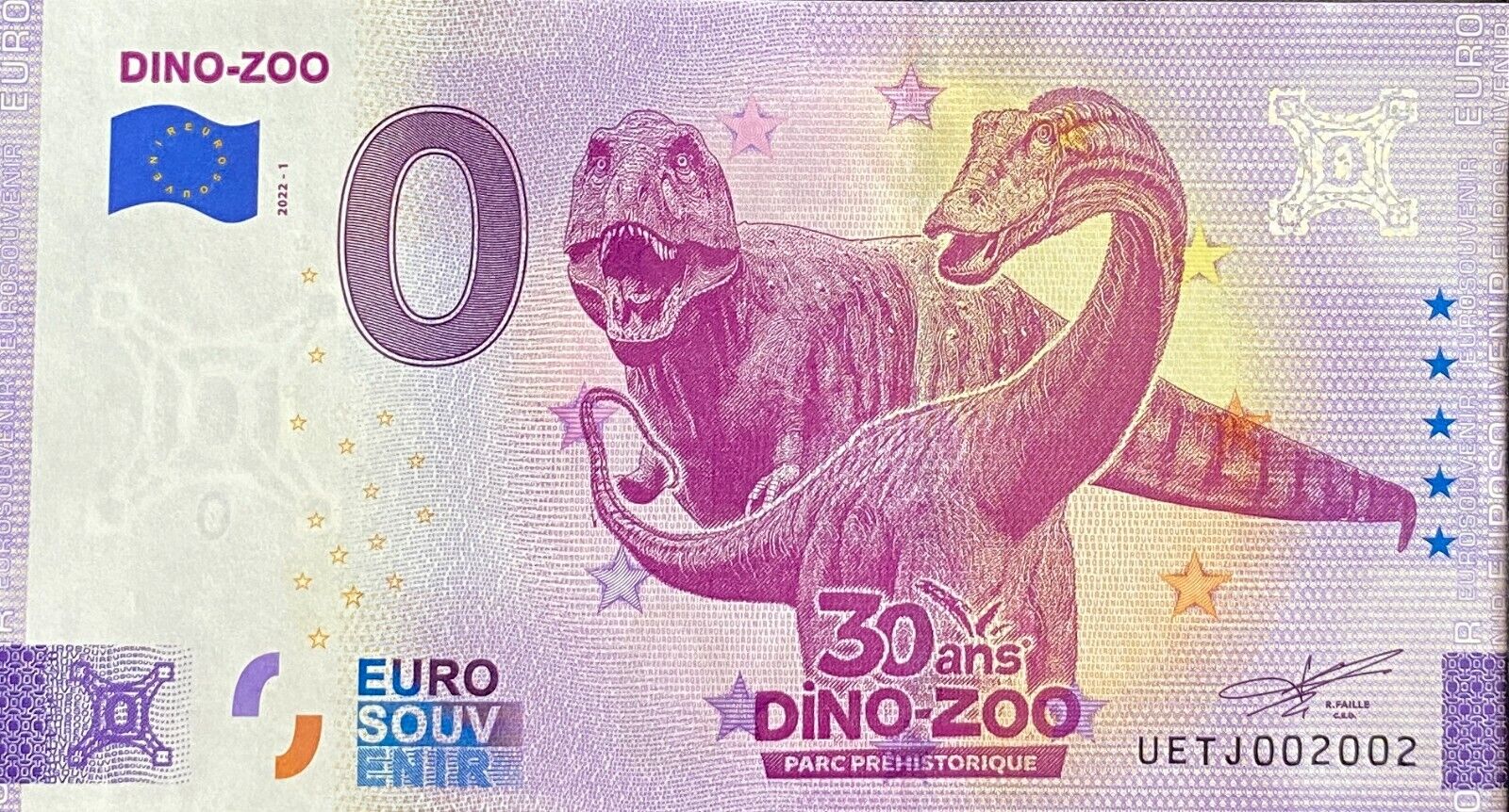 Banknot Dino Zoo 30 lat Park Prehistoryczny Francja 2022 Numer Radar