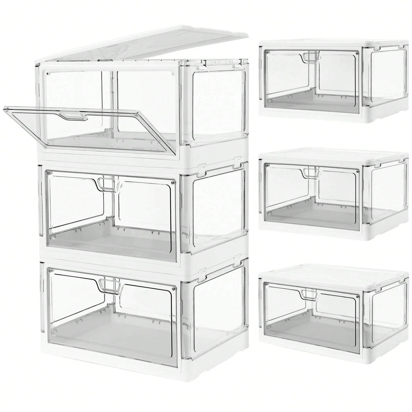 3-Pack 24 QT Clear Stackable Storage Bins with Magnetic Lids, Foldable for Rooms & Closets