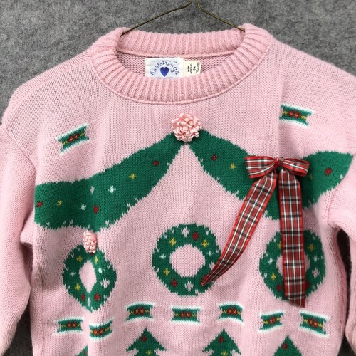 Vintage Hartstrings Christmas Sweater Girls 6X Pink Crewneck Holiday Applique - Picture 3 of 8