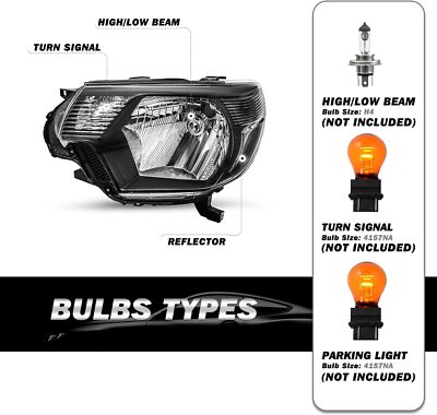 Fit 2012-2015 Toyota Tacoma Pickup LED Tube DRL Running LowBeam-Projector Black Headlights Pair Driver+Passenger