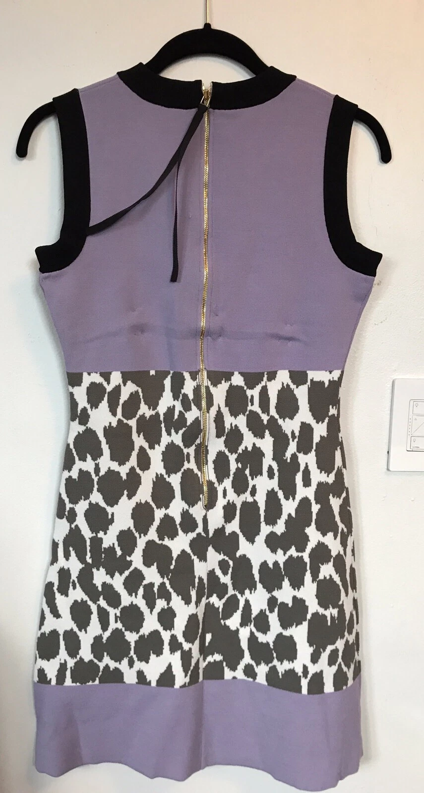 NUOVO abito elasticizzato Kate Spade in lavanda e nero grigio leopardato macchie taglia S $298