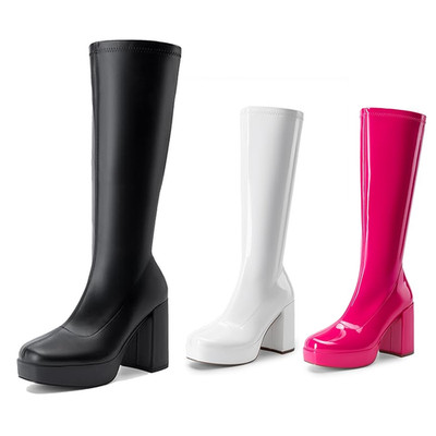 Women Gogo Boots Platform Chunky Block Heel Square Toe Zip Up Knee High Boots