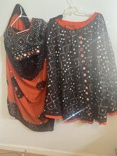 Women Choli Set Black Orange Mirror Work Cotton Traditional Indian Free Size