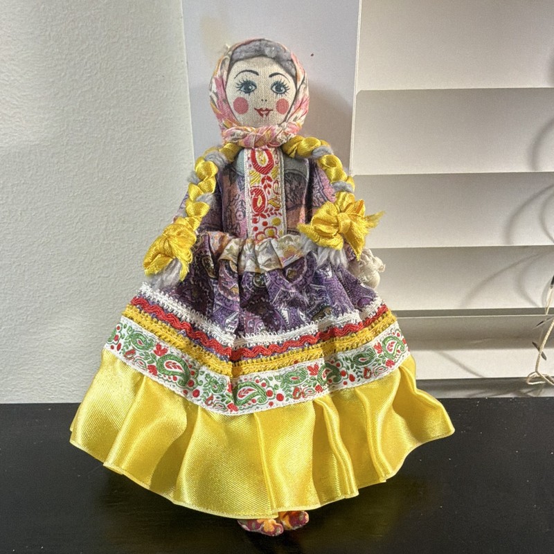 Russian Handmade Folk Art Rag Cloth Girl Doll, Blue Eyes, Braided Gray Hair