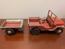 Vintage Pressed Steel Jeep w Trailer Toy 1940s 1950s Military Style Original Pat