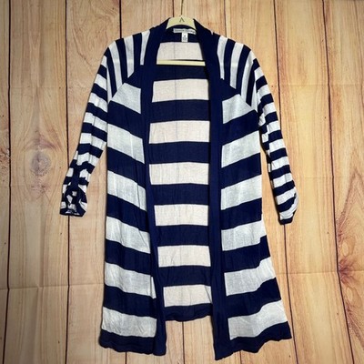 French Laundry Cardigan Women Medium Navy Blue Striped Open Front Coastal Preppy