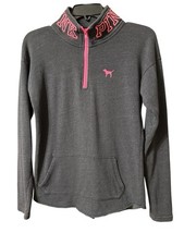 Victoria's Secret PINK 1/4 Zip Pullover Sweatshirt Dog Logo Gray Pink XS