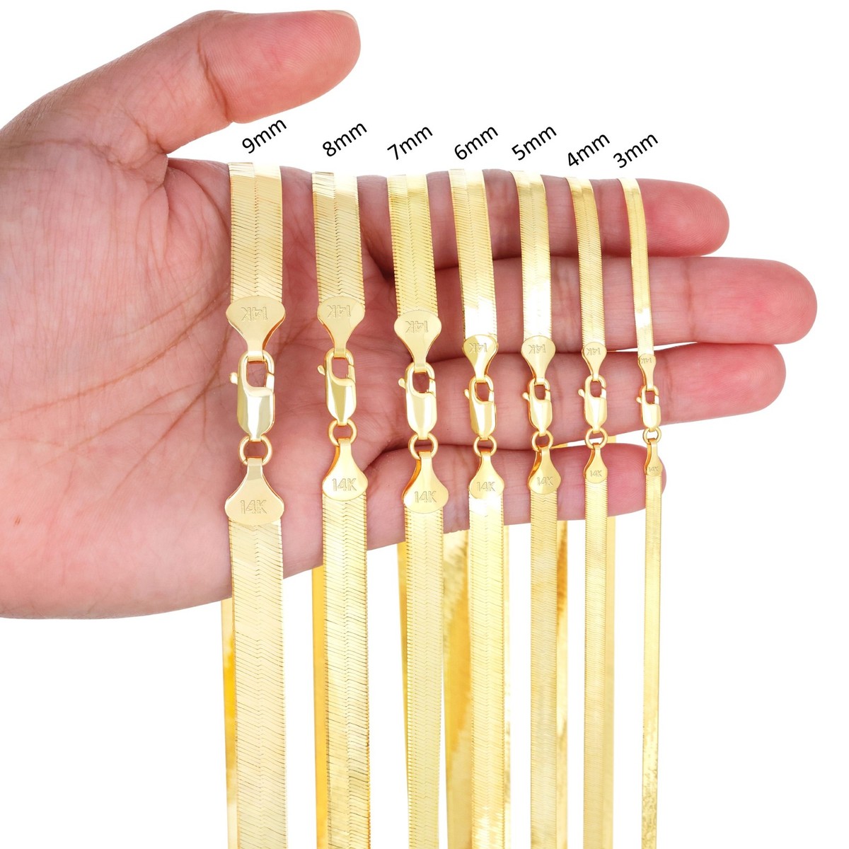 Noriko.I✾14kgf 14K Yellow Gold Solid 3mm-7mm Flat Herringbone Chain Necklace