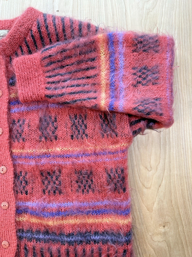 vintage 80's PINK MOHAIR cardigan SWEATER wool LARGE oversized PATTERN new wave - Picture 16 of 24