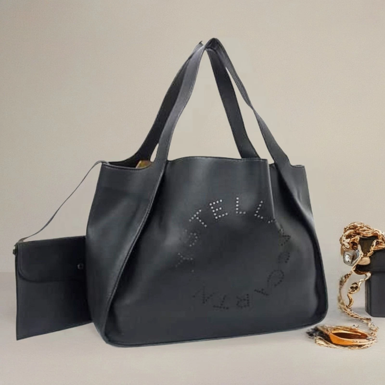 Stella McCartney — Stella McCartney Midnight Black Vegan Leather Logo Large Tote Bag w/ Pouch, VGUC