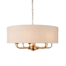 Luminosa Highclere Multi Arm Pendant Ceiling Light Vintage Brass, Natural Linen.