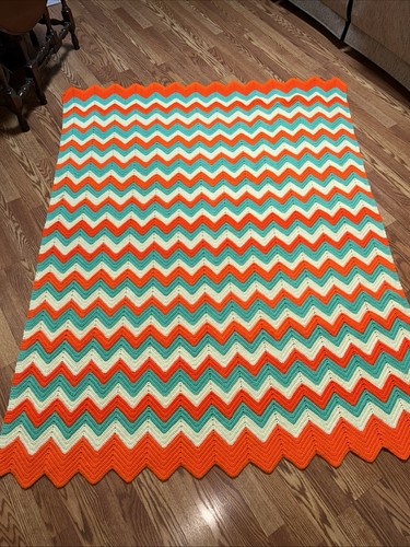 MultiColor Afghan Orange Yellow Green Soft Warm Clean Tight Knit 58 X 76” H