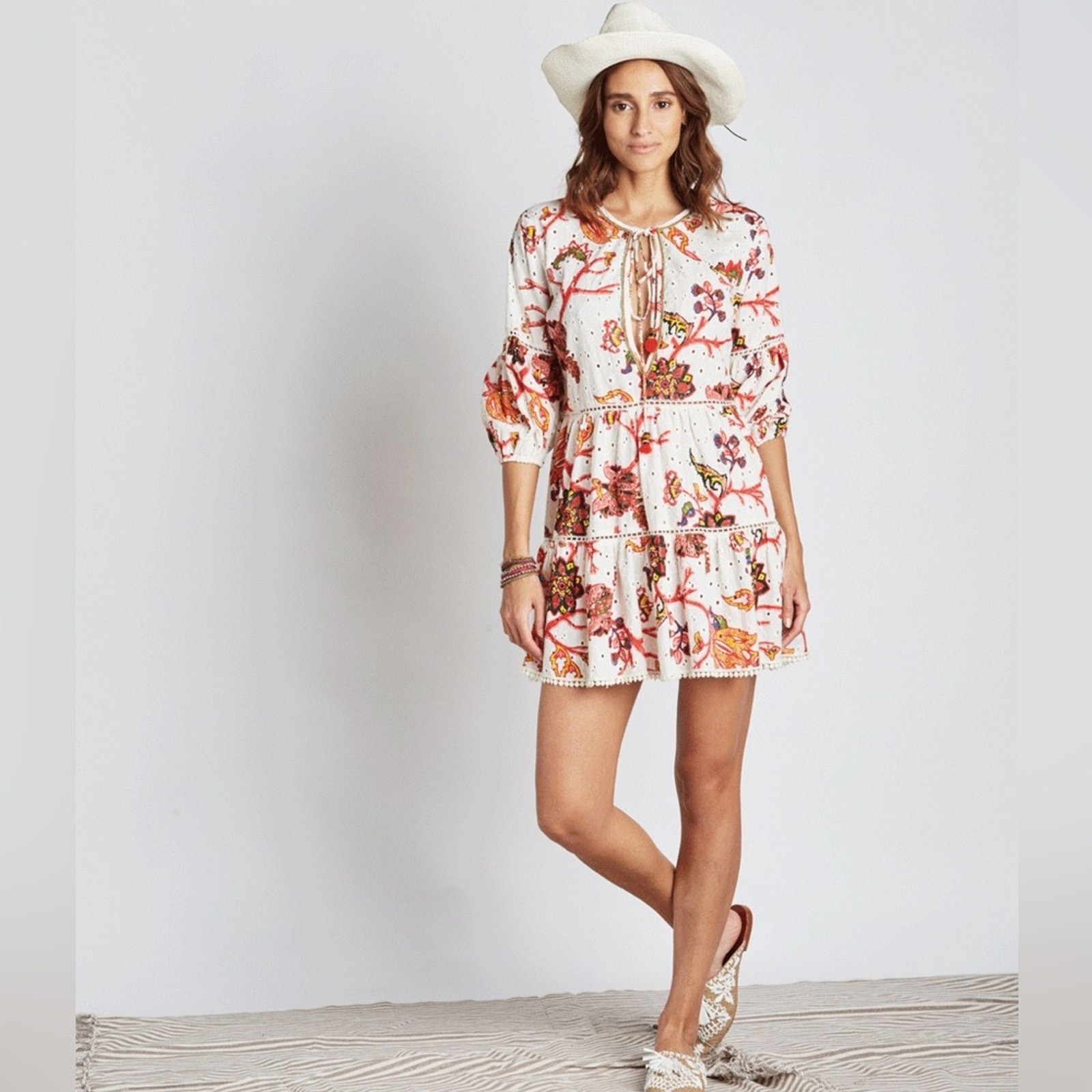 Gianni Bini 3/4 Sleeve Mini Dress Babydoll Tassels Cotton Boho Floral Eyelet XS