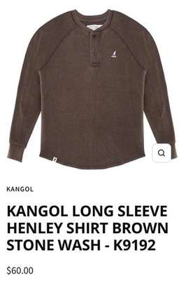 Kangol Henley Shirt Mens P/S Brown Rayon/Poly Lightweight Long Sleeve Pullover