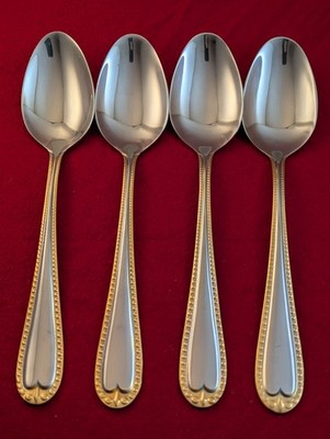 Lot Of 4 Oval Soup Spoons Unknown MFg UNF753 Gold Beaded Accent Stainless