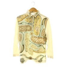 HERMES FESTIVAL QUADRI Twill Reine Blouse Long Sleeve Open Front Silk L Ivory