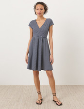 PACT Organic Fit Flare Crossover Dress, Hudson Stripe Navy Blue