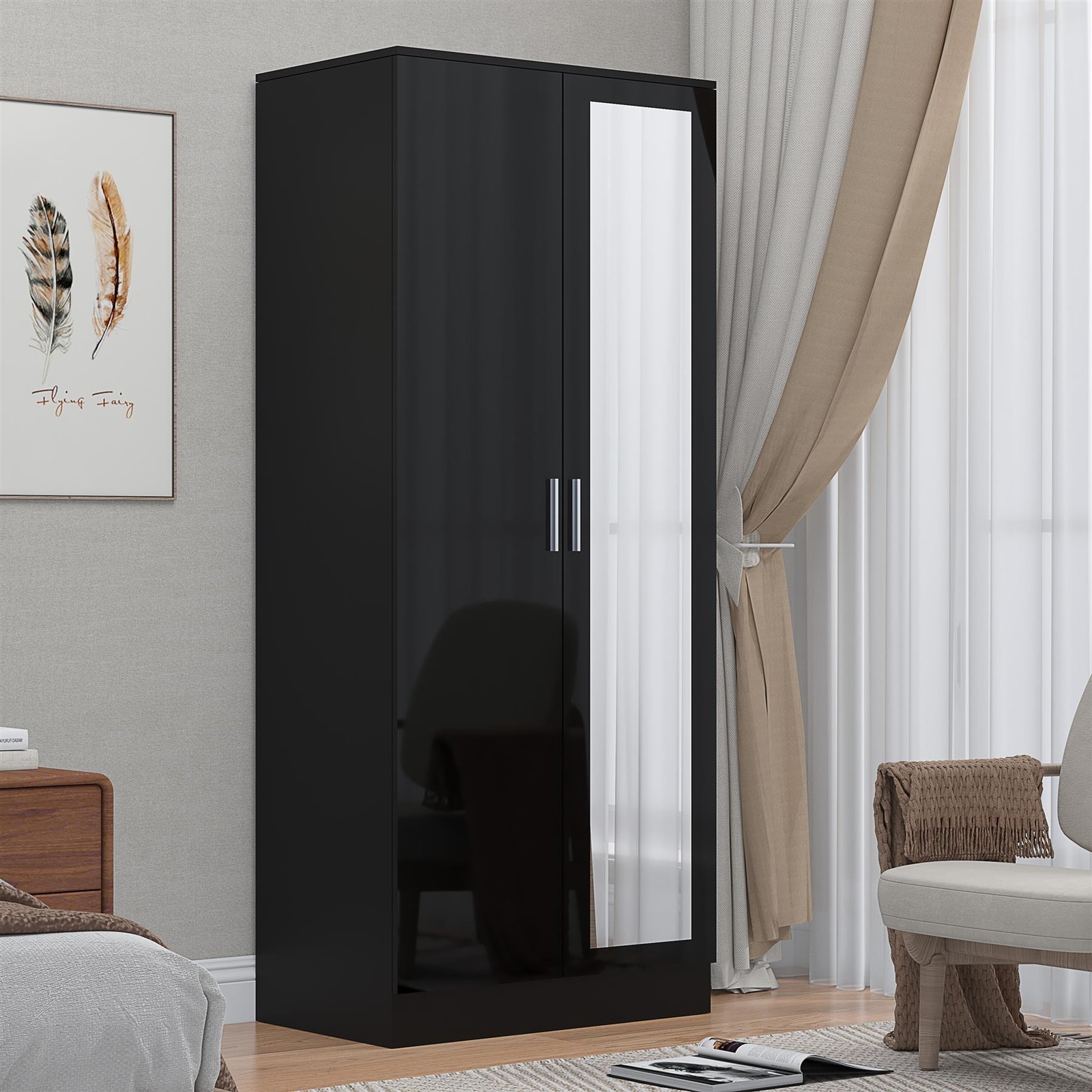 B&Q - 2 Door Mirrored WardrobeBlack Gloss & Black OakHanging Rails & ShelvesH: 180Cm X W: 76CmModern Sleek Design - Image 4