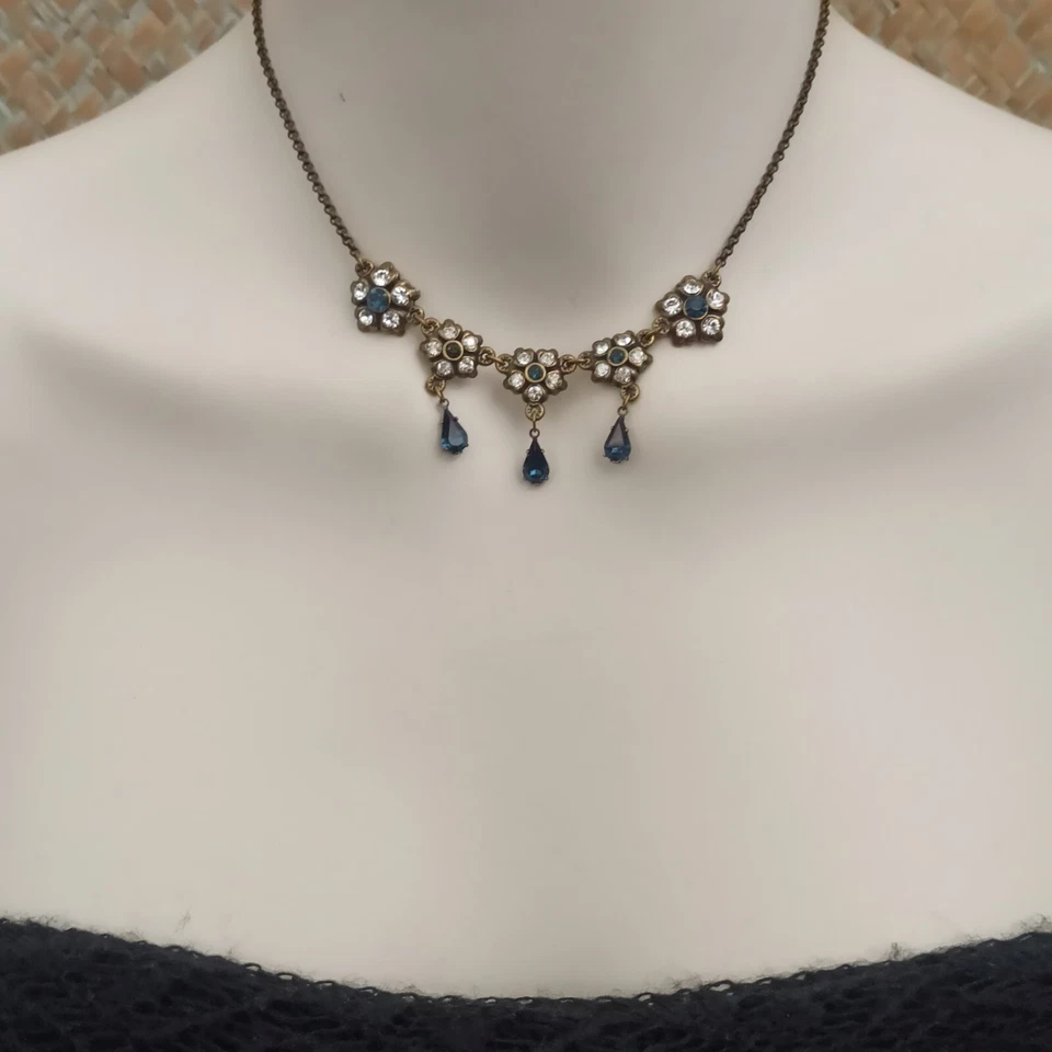 Collar Michal Negrin Azul Cristales Transparentes Renacimiento Victoriano Elegante Gargantilla Babero Foto 4 de 4