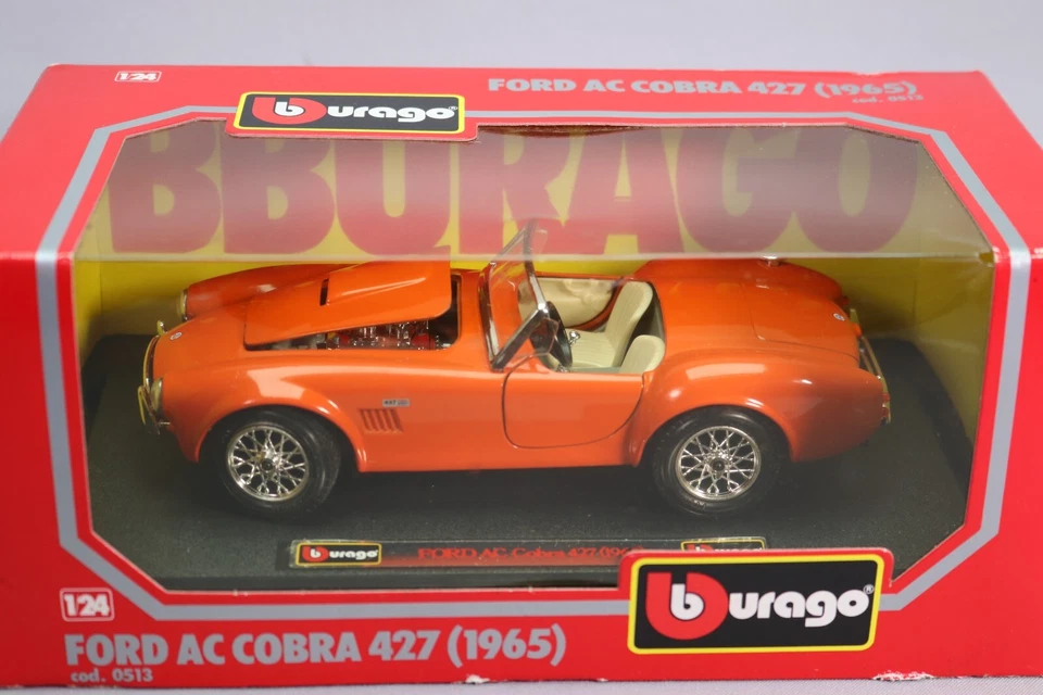 LK266 BURAGO 0513 1/24 1:24 Voiture Ford AC Cobra 427 cabriolet 1965 orange - Photo 2/4