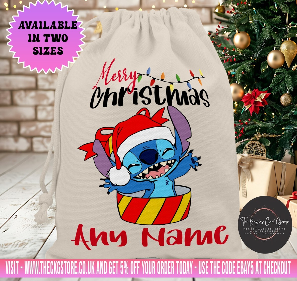 Personalised Disney Stitch Linen Christmas Sack Stocking Custom Name V6