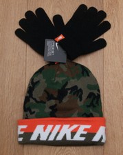 Nike Kids Boy Beanie  Gloves Set  Olive Green, Black, Orange  White Camo 