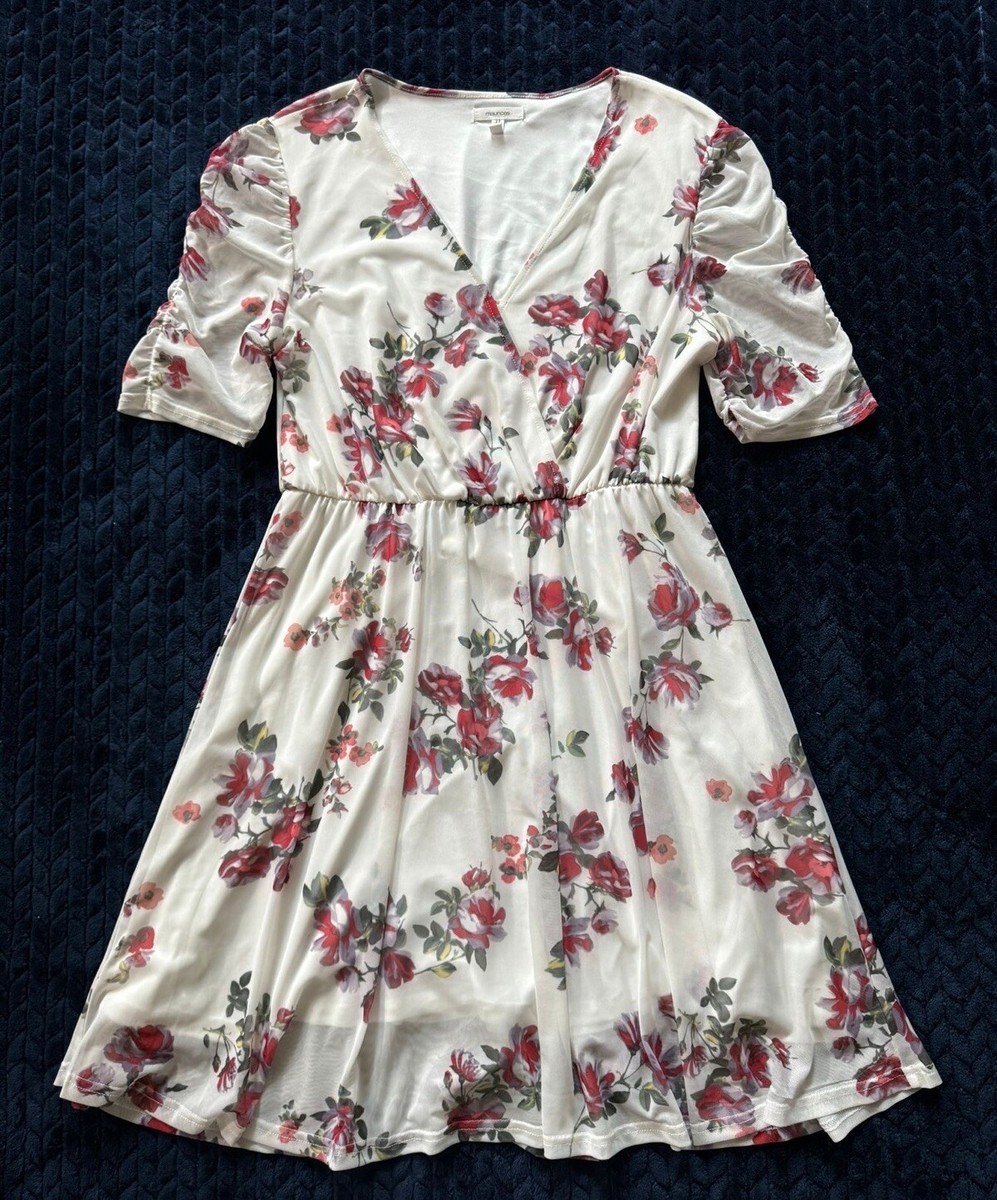 Maurices Womens White Dress w Floral Casual Silky Sheer Overlay Size Small
