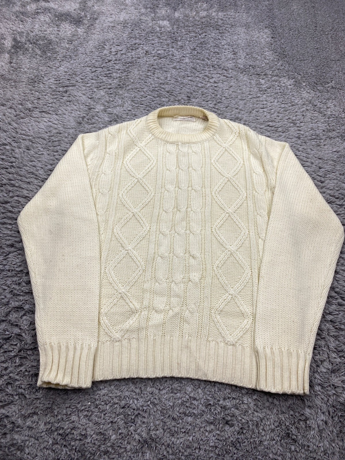 Vtg Towncraft JC Penney Sweater Women Large Ivory 3D Cable Knit Fisherman 70s