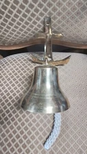 Anchor Ship Bell w/ Bracket & Rope Lanyard, Antique Brass Finish, Nautical Decor