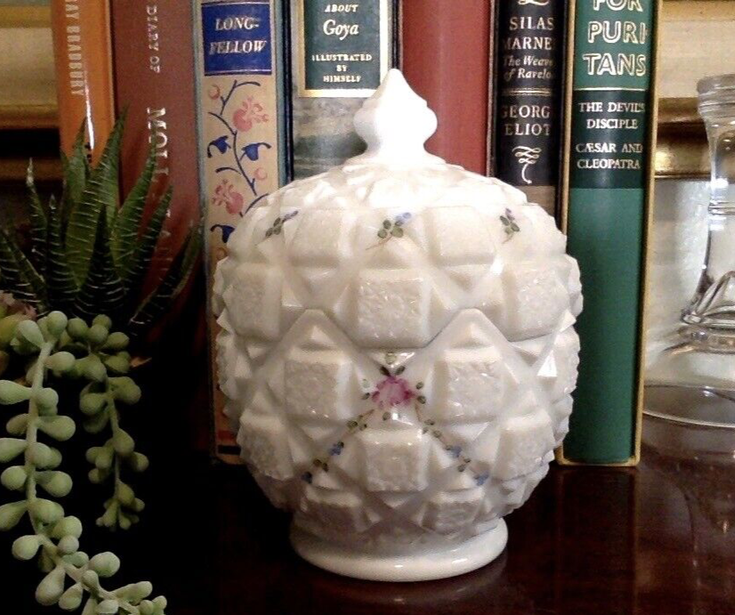 Westmoreland Milk Glass Old Quilt Pattern Lidded Candy Dish Hand Painted