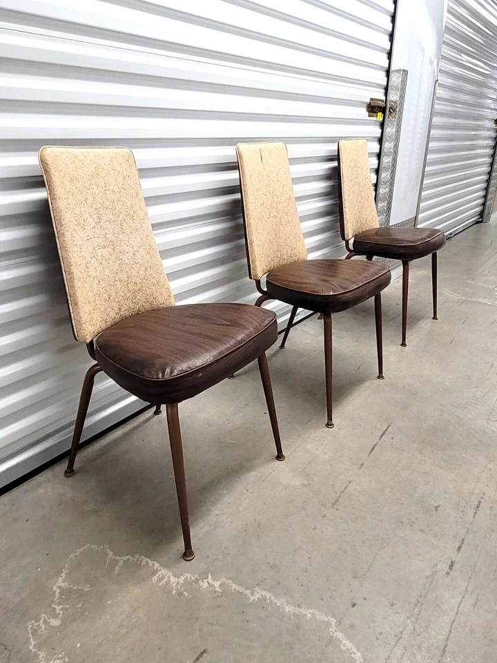 Винтажный 50-х 60-х середины века современный столовой кухни деревянные виниловые стулья набор из 3 - Изображение 2 из 4