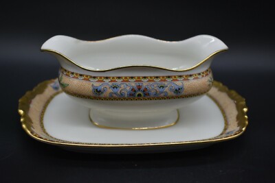 Jean Pouyat JPL Limoges Wanamaker Flowers & Gold Sauceboat & Underplate (POY59)