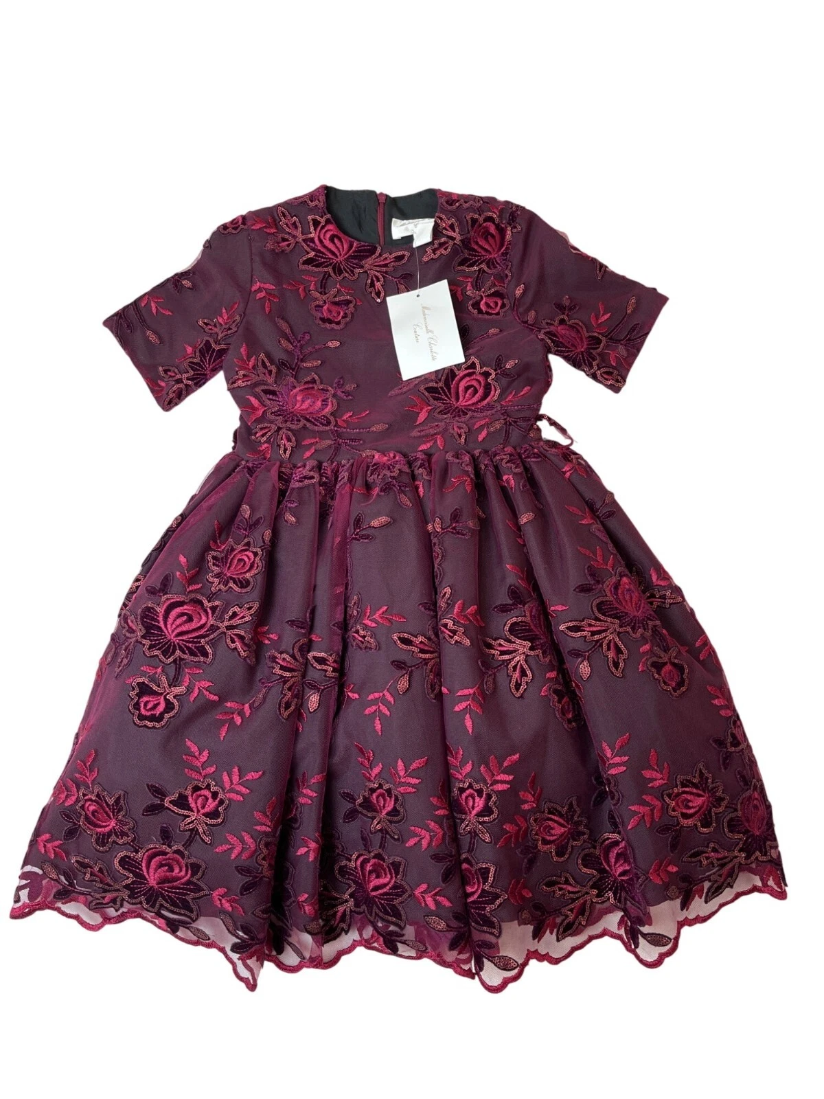 Mademoiselle Charlotte Girls Burgundy Floral Embroidered Dress Size 7- New