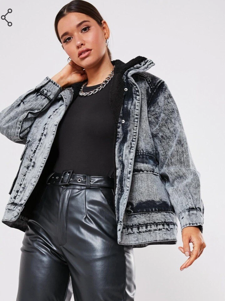 NEW MISSGUIDED Grey Denim Lined Teddy Borg Oversized Jacket | eBay