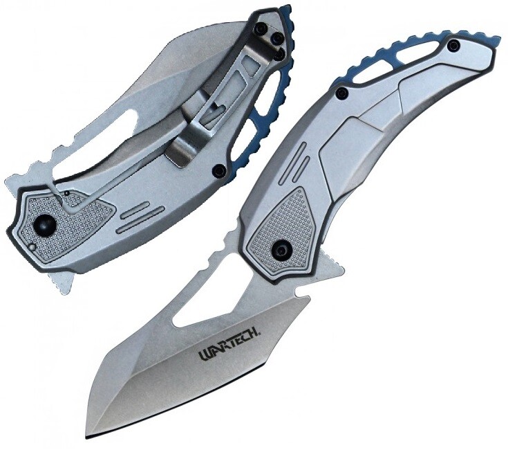 Spring-Assist Folding Knife Wartech Tactical  3.25" Wharncliffe Blade EDC Silver