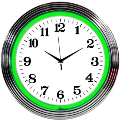 White Numeric Clock Face Green Neon Wall Clock 15'' Diameter 8CHRCG Neonetics